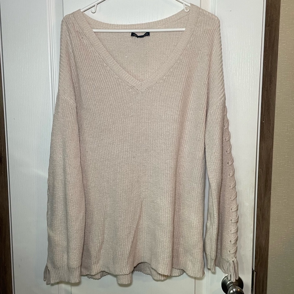 American Eagle Outfitters Cream Sweater With Lace Up Detail Down Sleeves Size Lg